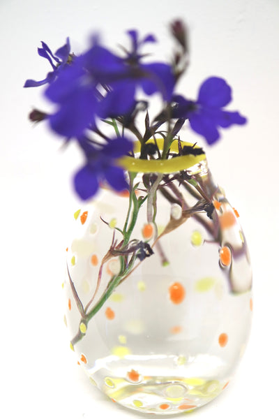 yellow dots glass vase with blue flower